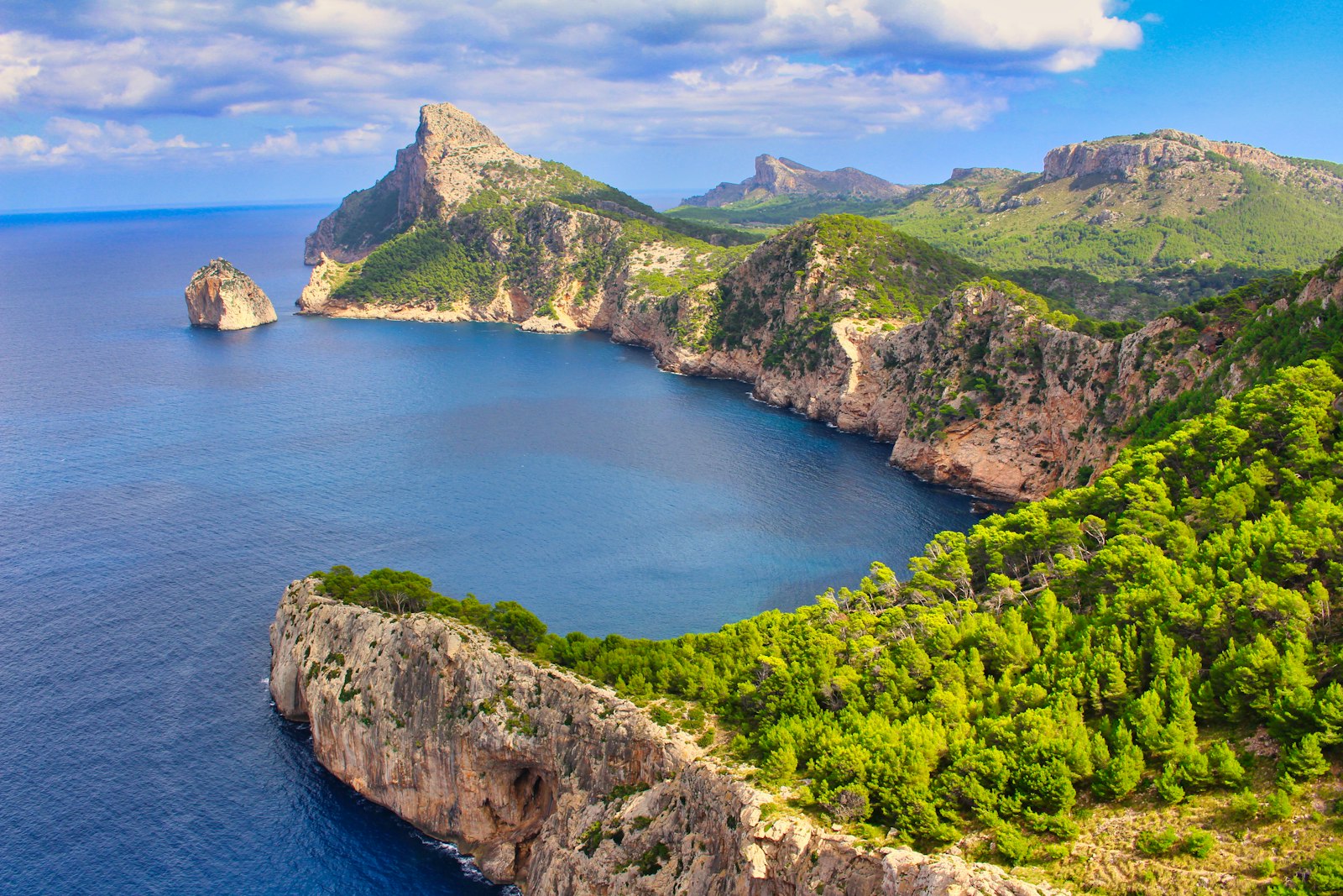 Mallorca coast with green mountains dropping to blue sea